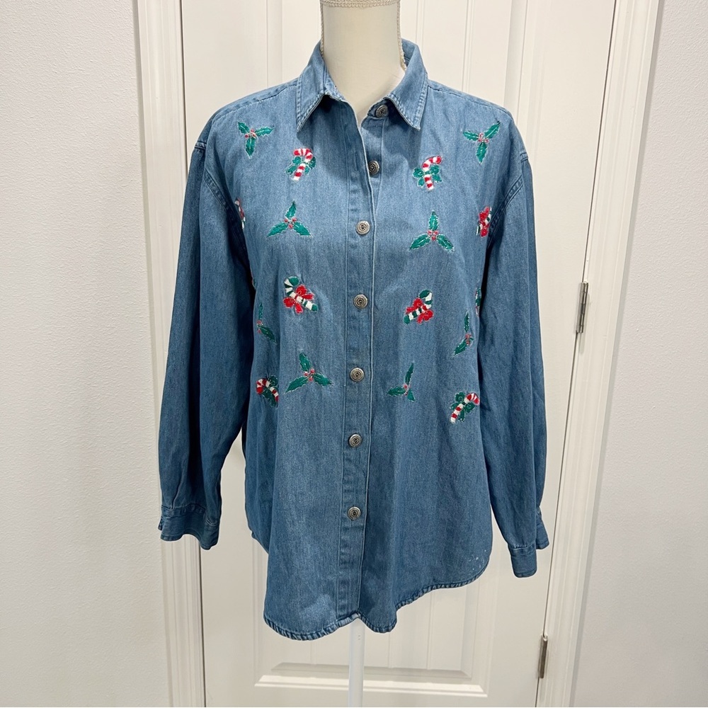 Christmas Tantrum Blues Women's Denim Long Sleeve Shirt Candy Canes Vintage